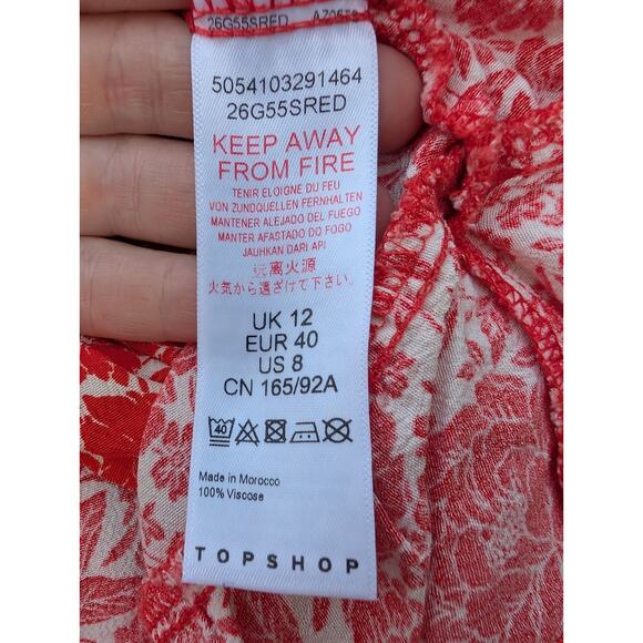 Topshop Womens Wrap Mini Dress 8 ruffle Red Floral Flutter Sleeve Feminine Boho - Picture 5 of 9